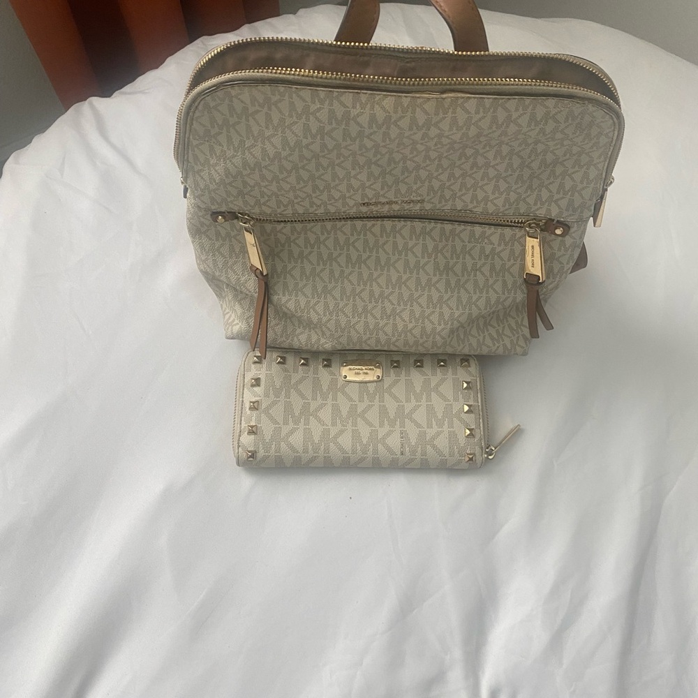 Michael Kors Beige Monogram Backpack and Wallet